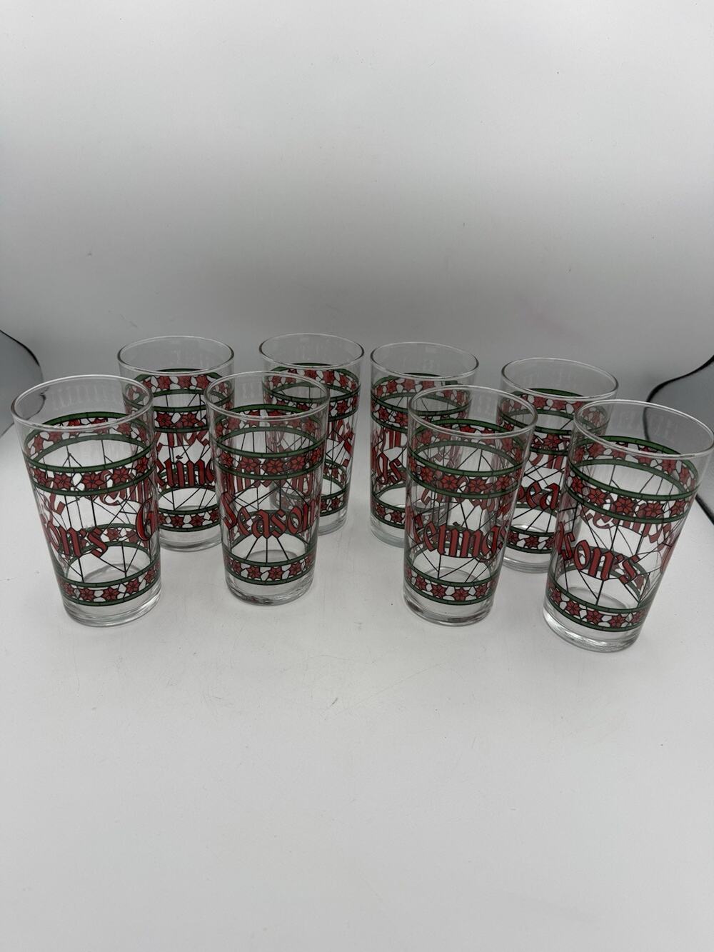 Vintage Set of 8 STAINED GLASS “SEASONS GREETINGS” Highball Glasses MCM FREE Sh